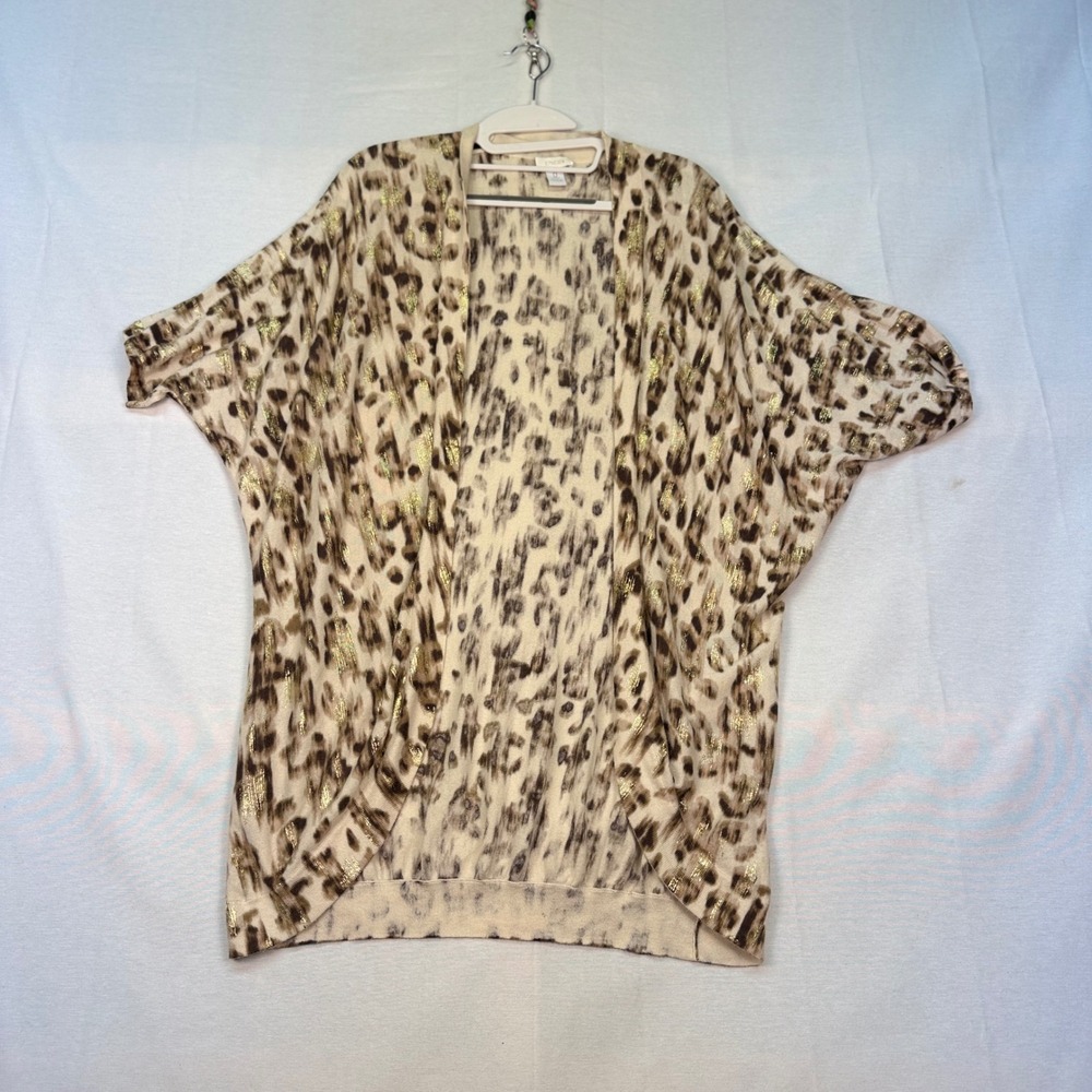 Chicos Leopard Print Gold Foil Open Front Cardigan Short Dolman Sleeve Size S